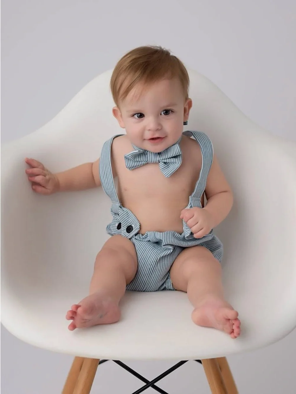 Boutique Hand Crafted Blue Seersucker 1st Birthday Cake Smash Diaper Cover & Bow